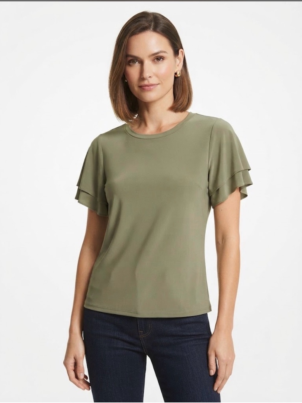 Michael Kors Olive Green Flutter Sleeve Top